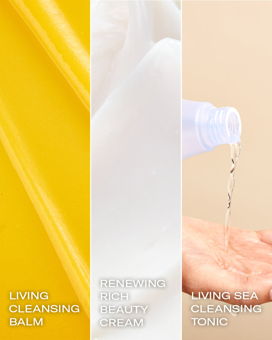 Three-panel collage showing bright yellow creamy cleanser, smooth white foam, and clear liquid being poured onto hand.
