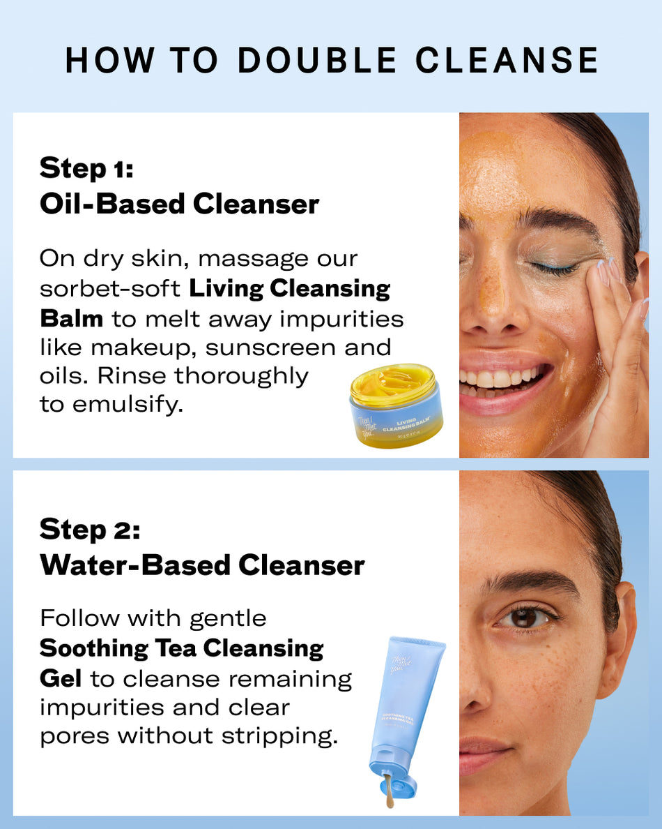 Soothing Tea Cleansing Gel blue tube with white cap shown with step-by-step facial cleansing guide.