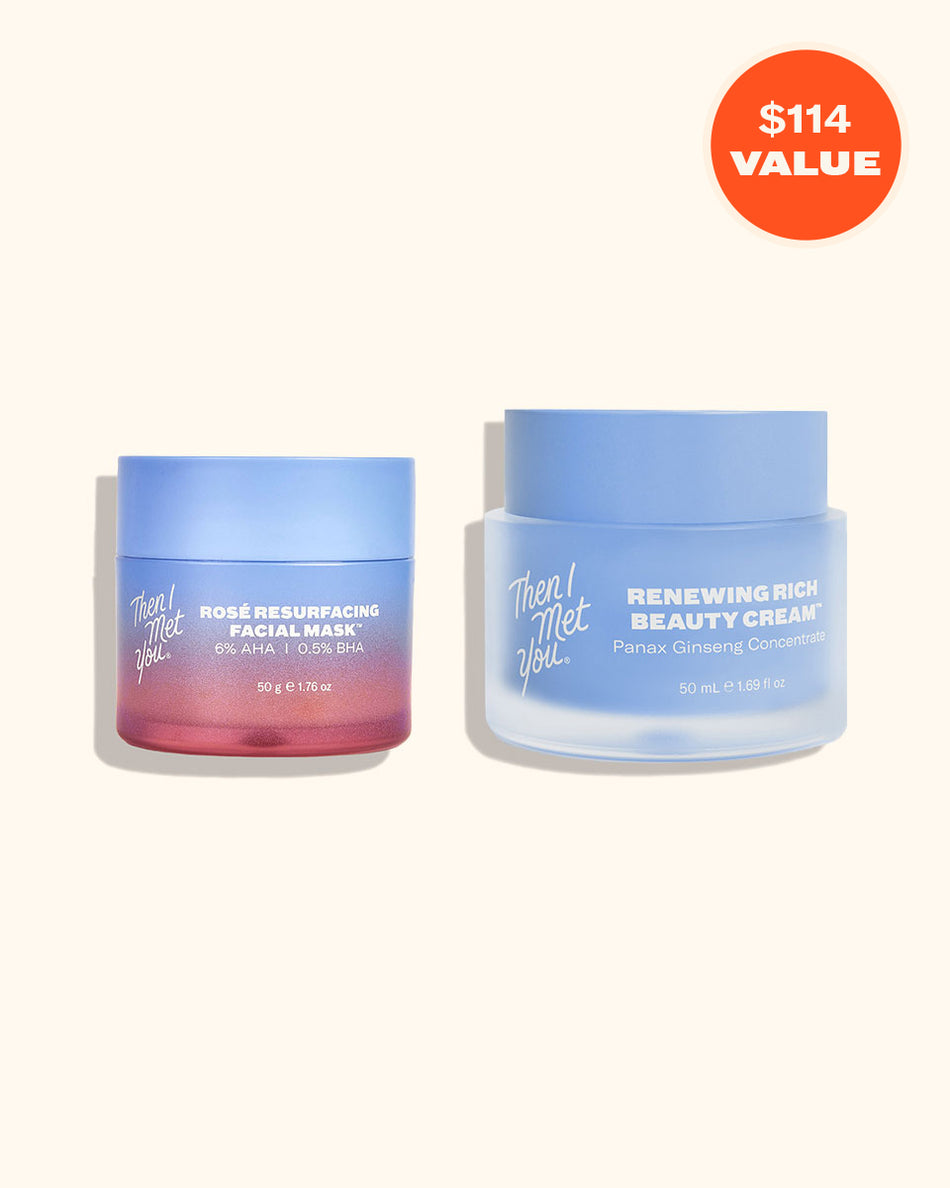 Two blue skincare jars labeled Renewing Enzyme Mask and Renewing Beauty Cream with gradient pink and white accents.